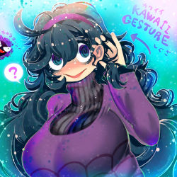 Rule 34 | 1girl, ?, @ @, ahoge, alternate breast size, artist name, blue background, blue hair, blush, breasts, creatures (company), dress, english text, female focus, game freak, gastly, gen 1 pokemon, ghost, hair between eyes, tucking hair, hairband, hakkasame, hand in own hair, hand up, happy, hex maniac (pokemon), japanese text, large breasts, long hair, long sleeves, looking to the side, messy hair, nintendo, nose blush, npc trainer, open mouth, pokemon, pokemon (creature), pokemon xy, purple dress, purple eyes, purple hairband, signature, simple background, smile, solo focus, speech bubble, spoken question mark, sweat, translation request, turtleneck, twitter username, upper body, very long hair