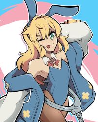 Rule 34 | 1boy, absurdres, animal ears, arm behind head, blonde hair, blue hairband, blue jacket, blue leotard, bow, bowtie, commentary, cuffs, detached collar, english commentary, fake animal ears, flat chest, green eyes, hairband, handcuffs, highres, jacket, kermittend, leotard, lgbt pride, male focus, multicolored background, off shoulder, one eye closed, oversized object, pantyhose, propaganda, rabbit ears, red bow, red bowtie, smile, solo, strapless, strapless leotard, tongue, tongue out, trap