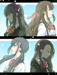 Rule 34 | 4girls, assault lily, asymmetrical bangs, back-to-back, blue background, blue bow, bow, bowtie, braid, braided bangs, breasts, brown hair, brown jacket, closed eyes, closed mouth, collared shirt, commentary request, falling petals, french braid, from side, fukuyama jeanne sachie, gradient background, grey eyes, grey hair, hair behind ear, hair between eyes, hair bow, hair ribbon, hairband, half updo, highres, jacket, kishimoto maria mirai, letterboxed, light particles, long hair, low twintails, ludvico private girls&#039; academy school uniform, medium breasts, multiple girls, no pupils, nosaka jacqueline kazane, numanuma, outside border, parted lips, petals, profile, purple hairband, red bow, red bowtie, red ribbon, ribbon, school uniform, seto veronica ichika, shade, shirt, sidelocks, suspenders, twintails, twitter username, underbust, upper body, white shirt