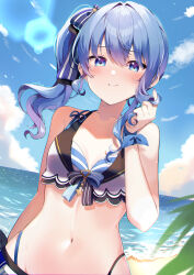 Rule 34 | 1girl, beach, bikini, blue eyes, blue hair, blue nails, blue sky, blush, breasts, closed mouth, cloud, collarbone, day, earrings, highres, hololive, hololive summer 2023 swimsuit, hoshimachi suisei, jewelry, looking at viewer, navel, ocean, outdoors, shinomiya shino (sinosino141), side ponytail, sidelocks, sky, small breasts, smile, solo, star (symbol), star earrings, star in eye, stomach, swimsuit, symbol in eye, virtual youtuber