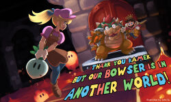Rule 34 | apron, blonde hair, blue pants, bowser, brown apron, cape, cosplay, costume switch, crown, hat, highres, john su, lava, lava bubble, lifting person, long hair, mario, mario (series), nintendo, pants, pink hat, pink shirt, ponytail, princess peach, role reversal, shirt, super mario bros. 1, surprised, turnip (mario), wide-eyed