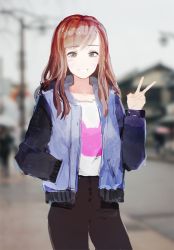 Rule 34 | 1girl, :d, animal print, artist name, blue jacket, blurry, blurry background, blush, brown eyes, brown hair, brown pants, casual, collarbone, commentary, cowboy shot, d.va (overwatch), facepaint, facial mark, grin, hand in pocket, hand up, hood, hood down, hooded jacket, jacket, legs apart, long sleeves, looking at viewer, open clothes, open jacket, open mouth, overwatch, overwatch 1, pants, rabbit print, shirt, smile, solo, teeth, undershirt, v, whisker markings, white shirt, yueko (jiayue wu)