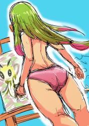 Rule 34 | 1girl, ass, back, blue background, canvas (object), chouku tetsushitsuiwa, creatures (company), from behind, from below, game freak, gen 7 pokemon, green hair, hair tie, long hair, low ponytail, mina (pokemon), nintendo, outline, paint stains, panties, pink panties, pokemon, pokemon (creature), pokemon sm, ribombee, signature, sketch, solo, thighs, topless, trial captain, underwear, white outline