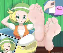 Rule 34 | 1girl, barefoot, bianca (pokemon), blonde hair, creatures (company), ditto, feet, foot focus, game freak, gen 1 pokemon, green hair, hat, indoors, mrff25, nintendo, photo (object), pokemon, pokemon (creature), pokemon bw, presenting, presenting foot, shoes, short hair, soles, toes, transformation, transformed ditto, unworn shoes, watermark, web address