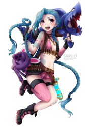 Rule 34 | 1girl, absurdly long hair, ammunition, ammunition belt, arm strap, arm tattoo, asymmetrical bangs, asymmetrical gloves, bad id, bad pixiv id, bandaid, bandaid on knee, bandaid on leg, bare shoulders, belt, belt buckle, bikini, bikini top only, blue hair, braid, buckle, bullet, bullet necklace, crossed bandaids, elbow gloves, fingerless gloves, gloves, highres, jewelry, jinx (league of legends), league of legends, long hair, mismatched gloves, multicolored bikini, multicolored clothes, necklace, pink eyes, pink thighhighs, saruei, short shorts, shorts, simple background, single thighhigh, smile, solo, stomach tattoo, striped clothes, striped shorts, swimsuit, tattoo, teeth, thigh strap, thighhighs, twin braids, uneven gloves, upper teeth only, vertical-striped clothes, vertical-striped shorts, very long hair, weapon, white background