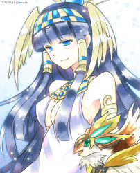 Rule 34 | 1girl, animal, armlet, bad id, bad pixiv id, bare shoulders, bird, black hair, blue eyes, blunt bangs, breasts, chisa, cleavage, dated, dress, egyptian, egyptian clothes, hair tubes, hairband, horus (p&amp;d), isis (p&amp;d), jewelry, light smile, long hair, lots of jewelry, mother and son, puzzle &amp; dragons, sleeveless, sleeveless dress, solo, twitter username, upper body, very long hair, white dress, winged hair ornament
