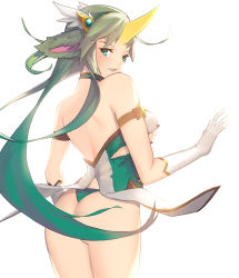 Rule 34 | 1girl, alternate costume, alternate eye color, alternate hair color, alternate hairstyle, aqua eyes, ass, back, bare shoulders, breasts, gloves, green hair, horns, league of legends, long hair, looking at viewer, looking back, magical girl, medium breasts, parted lips, single horn, solo, soraka (league of legends), star guardian (league of legends), star guardian soraka, underboob, very long hair, white gloves