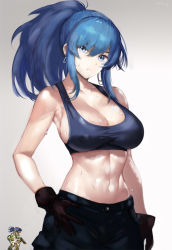 Rule 34 | 1girl, abs, black pants, black tank top, blue eyes, blue hair, breasts, chibi, cleavage, earrings, gloves, jewelry, large breasts, leona heidern, midriff, muscular, muscular female, pants, ponytail, repencelife, snk, solo, tank top, the king of fighters, triangle earrings