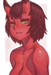 Rule 34 | 1girl, bad id, bad pixiv id, breasts, brown hair, closed mouth, colored skin, fang, fang out, horns, kidouko (zakusi), large breasts, looking at viewer, nude, oni horns, original, red oni (zakusi), red skin, short hair, smile, solo, upper body, yellow eyes, zakusi