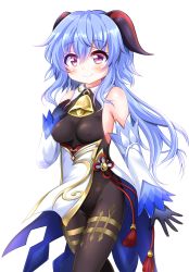 Rule 34 | 1girl, armpits, bell, black bodysuit, black gloves, blue hair, blush, bodysuit, commentary request, covered erect nipples, cowbell, detached sleeves, ganyu (genshin impact), genshin impact, gloves, groin, hair between eyes, hand on own chest, highres, horns, long hair, long sleeves, looking at viewer, neck bell, purple eyes, rena (riries), sidelocks, simple background, smile, solo, walking, white background