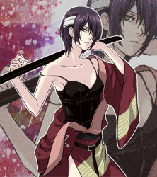 Rule 34 | 1girl, bandaged head, bandages, black shirt, breasts, cleavage, closed mouth, cma cmakuma, collarbone, cowboy shot, frown, genderswap, genderswap (mtf), gintama, green eyes, holding, holding weapon, japanese clothes, kimono, long sleeves, looking at viewer, off shoulder, purple hair, red kimono, shirt, short hair, sleeveless, sleeveless shirt, small breasts, solo, spaghetti strap, standing, takasugi shinsuke, weapon, wide sleeves, zoom layer