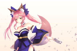 Rule 34 | 1girl, animal ear fluff, animal ears, autumn leaves, bare shoulders, blue kimono, blue ribbon, blush, breasts, cleavage, detached sleeves, fate/extella, fate/extra, fate/extra ccc, fate/grand order, fate (series), fox ears, fox girl, fox tail, hair ribbon, japanese clothes, kimono, large breasts, leaf, looking at viewer, pink hair, ribbon, solo, tail, tamamo (fate), tamamo no mae (fate/extra), yellow eyes, yumicha