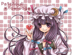 Rule 34 | 1girl, blush, book, crescent, crescent hat ornament, female focus, hat, hat ornament, holding, holding book, long hair, long sleeves, looking at viewer, mob cap, patchouli knowledge, purple eyes, purple hair, shiratama (mofutto), smile, solo, touhou, upper body