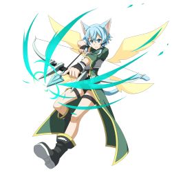 Rule 34 | 1girl, animal ears, arrow (projectile), black footwear, blue eyes, blue hair, boots, bow (weapon), cat ears, drawing bow, full body, hair ribbon, highres, holding bow (weapon), official art, ribbon, short hair, sinon (sao-alo), solo, sword art online, sword art online: memory defrag, thigh strap, transparent background, tress ribbon, weapon, wings