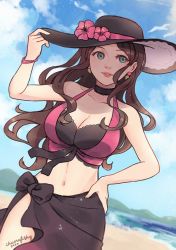 Rule 34 | 1girl, beach, bikini, blue sky, breasts, brown hair, chunafishy, cleavage, cloud, day, dorothea arnault, earrings, fire emblem, fire emblem: three houses, fire emblem heroes, flower, green eyes, hand on headwear, hat, hat flower, jewelry, large breasts, long hair, navel, nintendo, outdoors, parted lips, sarong, signature, sky, solo, swimsuit