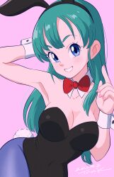 Rule 34 | 1girl, absurdres, animal ears, black hairband, black leotard, blue eyes, blue pantyhose, bow, bowtie, breasts, bulma, cleavage, collarbone, covered navel, dated, detached collar, dragon ball, dragon ball (classic), fake animal ears, green hair, grin, hairband, highres, leotard, long hair, looking at viewer, medium breasts, nail polish, pantyhose, pink background, pink nails, playboy bunny, rabbit ears, rabbit tail, red bow, red bowtie, smile, solo, strapless, strapless leotard, tail, tsunemoku, wrist cuffs