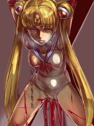 Rule 34 | 1990s (style), 1girl, abuse, arms up, bdsm, bishoujo senshi sailor moon, blonde hair, blood, blue eyes, blue sailor collar, bondage, bound, bow, breasts, breath, censored, chain, clothing aside, collar, dark, dodai shouji, double bun, ero guro, guro, hair bun, hair ornament, heavy breathing, highres, injury, large insertion, leotard, leotard aside, lips, long hair, looking at viewer, magical girl, nipple piercing, nipples, object insertion, pain, piercing, pussy, red bow, retro artstyle, sad, sailor collar, sailor moon, simple background, small breasts, solo, tears, tiara, torn clothes, torture, tsukino usagi, twintails, very long hair