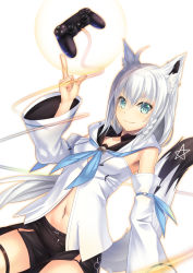 Rule 34 | 1girl, absurdres, animal ear fluff, animal ears, black shorts, blue eyes, blue neckwear, breasts, closed mouth, controller, cowboy shot, detached sleeves, fox ears, fox tail, game controller, hair between eyes, highres, hololive, index finger raised, long hair, long sleeves, looking at viewer, luupechi, midriff, navel, shirakami fubuki, shirakami fubuki (1st costume), short shorts, shorts, silver hair, small breasts, smile, solo, stomach, tail, thigh strap, very long hair, virtual youtuber, white background, white sleeves