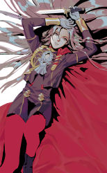 Rule 34 | 1girl, aiguillette, arms up, bed sheet, black footwear, boots, breasts, cape, dagger, edelgard von hresvelg, fire emblem, fire emblem: three houses, garreg mach monastery uniform, gloves, hair between eyes, hair ribbon, highres, knife, long hair, long sleeves, lying, nintendo, on back, pantyhose, purple eyes, red pantyhose, ribbon, shirt, short shorts, shorts, small breasts, solo, sophie (693432), weapon, white gloves