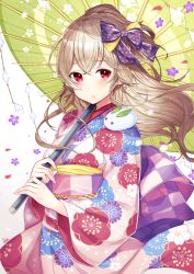Rule 34 | 1girl, bow, brown hair, closed mouth, commentary request, crossed bangs, floating hair, floral print, flower, hair bow, holding, holding umbrella, japanese clothes, kimono, long hair, long sleeves, looking at viewer, obi, original, pink kimono, print kimono, red eyes, reiwa, ringozaka mariko, sash, snow rabbit, solo, umbrella, upper body, violet (flower), wide sleeves