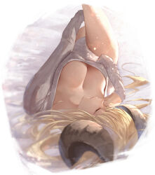 Rule 34 | 1girl, absurdres, anila (granblue fantasy), blonde hair, breasts, cleavage, closed eyes, commentary request, covered erect nipples, curled horns, feet out of frame, granblue fantasy, grey sweater, highres, horns, large breasts, long hair, long sleeves, lying, no pants, on back, ribbed sweater, sheep horns, solo, sweater, yu pian