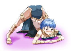 Rule 34 | 1girl, absurdres, armlet, ass, bare shoulders, blue hair, blush, bracelet, braid, breasts, brown eyes, cleavage, crown braid, dancer, dancer (fire emblem: three houses), earrings, fire emblem, fire emblem: three houses, fire emblem heroes, gladiator sandals, highres, jack-o&#039; challenge, jewelry, large breasts, long hair, looking at viewer, marianne von edmund, midriff, navel, necklace, nintendo, official alternate costume, sandals, short hair, simple background, solo, zipperqr