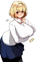 Rule 34 | 1girl, absurdres, arcueid brunestud, arm under breasts, artist name, bent over, blonde hair, blue skirt, blush, breasts, eyebrows, fate/grand order, fate (series), gloves, grin, highres, jewelry, large breasts, looking at viewer, naze, necklace, red eyes, short hair, signature, simple background, skirt, smile, solo, standing, sweater, teeth, tsukihime, white background, white sweater