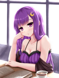 Rule 34 | 1girl, alternate costume, bare shoulders, blush, book, breasts, cleavage, crescent, crescent hair ornament, cup, hair ornament, hairclip, long hair, looking at viewer, medium breasts, patchouli knowledge, purple eyes, purple hair, solo, tea, teacup, tokugawa landine, touhou