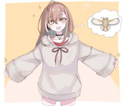 Rule 34 | 1girl, :d, ahoge, berry, bird, black choker, brown eyes, brown hair, brown hoodie, choker, crossed bangs, double-parted bangs, earrings, food-themed earrings, hair between eyes, highres, hololive, hololive english, hood, hoodie, jewelry, long hair, multicolored hair, nanashi mumei, nanashi mumei (casual), necklace, official alternate costume, open mouth, oversized clothes, owl, red shirt, selen (sbjrlzekyt48001), shirt, sleeves past wrists, smile, sparkle, streaked hair, sweater, teeth, thought bubble, upper teeth only, virtual youtuber, white sweater, wide sleeves, yellow background