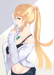 Rule 34 | 1girl, absurdres, alternate costume, alternate hairstyle, blonde hair, breasts, chest jewel, cleavage, collarbone, earrings, highres, jewelry, large breasts, lingerie, long hair, matching hair/eyes, mouth hold, mythra (xenoblade), open clothes, open shirt, ponytail, risumi (taka-fallcherryblossom), solo, standing, swept bangs, underwear, very long hair, xenoblade chronicles (series), xenoblade chronicles 2, yellow eyes