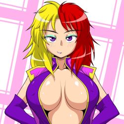 Rule 34 | 1girl, blonde hair, blush, breasts, center opening, chara soon, cleavage, elbow gloves, eyeshadow, female focus, gloves, gundam, gundam zz, hands on own hips, large breasts, light smile, lipstick, long hair, makeup, multicolored hair, purple eyes, purple lips, red hair, sideboob, smile, solo, split-color hair, tsucky, two-tone hair