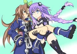 Rule 34 | 10s, 2girls, artist request, blue eyes, blush, boots, braid, breasts, brown hair, carrying, cleavage, coat, eye contact, female focus, green eyes, hair ornament, hair ribbon, hair tubes, highres, if (neptunia), long hair, looking at another, multiple girls, neptune (neptunia), neptune (series), open mouth, princess carry, purple hair, purple heart (neptunia), ribbon, small breasts, symbol-shaped pupils, twin braids, very long hair, yuri