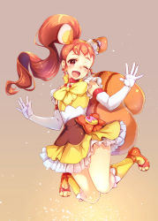 Rule 34 | 10s, 1girl, absurdres, animal ears, arisugawa himari, boots, cake hair ornament, cure custard, elbow gloves, food-themed hair ornament, full body, gloves, hair ornament, highres, jumping, kirakira precure a la mode, long hair, magical girl, one eye closed, open mouth, orange hair, petticoat, ponytail, precure, satou (kuso-neet), solo, squirrel ears, squirrel tail, tail, white gloves, yellow footwear