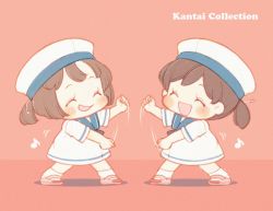 Rule 34 | 2girls, blue sailor collar, blush, brown hair, chibi, commentary request, daitou (kancolle), dress, closed eyes, full body, hat, hiburi (kancolle), high ponytail, kantai collection, motion lines, multiple girls, musical note, oomiya yuu, open mouth, pink background, sailor collar, sailor dress, sailor hat, school uniform, short hair, short sleeves, simple background, smile, socks, white dress, white headwear, white legwear