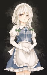 Rule 34 | 1girl, absurdres, apron, bad id, bad pixiv id, blue dress, blue ribbon, bow, braid, breasts, closed mouth, cowboy shot, dress, elbow gloves, expressionless, frilled dress, frills, gloves, green bow, grey eyes, hair bow, highres, izayoi sakuya, lace, lace-trimmed legwear, lace gloves, lace trim, looking at viewer, maid, maid headdress, neck ribbon, puffy short sleeves, puffy sleeves, ribbon, serious, short sleeves, silver hair, small breasts, solo, thighhighs, thkani, touhou, twin braids, waist apron, white gloves