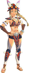 Rule 34 | 1girl, arm tattoo, armlet, armor, bike shorts, bikini armor, braid, breasts, brown hair, capcom, cleavage, earrings, feather hair ornament, feathers, full body, greaves, green eyes, hair ornament, hands on own hips, headgear, highres, jewelry, kayna (monster hunter), long braid, long hair, looking at viewer, medium breasts, monster hunter (series), monster hunter stories 2, navel, neck ring, necklace, official art, pelvic curtain, single braid, smile, solo, stomach tattoo, tattoo, teeth, thighhighs, toeless footwear, toned, tribal, tribal tattoo