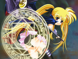 Rule 34 | 1girl, ass, bardiche (assault form) (nanoha), bardiche (nanoha), black leotard, black thighhighs, blonde hair, cape, commentary, fate testarossa, fate testarossa (lightning form), from behind, gloves, leotard, long hair, looking at viewer, looking back, lyrical nanoha, magic circle, magical girl, mahou shoujo lyrical nanoha, move-evo, pink skirt, red eyes, shiny skin, skirt, solo, thighhighs, twintails