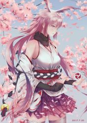 Rule 34 | 1girl, 2017, absurdres, animal ears, bare shoulders, blue sky, branch, cherry blossoms, closed mouth, eurai, fox ears, fox mask, highres, honkai (series), honkai impact 3rd, japanese clothes, kimono, looking at viewer, mask, miko, outdoors, pink hair, pink skirt, purple eyes, skirt, sky, solo, thighhighs, white kimono, white thighhighs, yae sakura, yae sakura (gyakushinn miko)