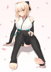 Rule 34 | 1girl, ahoge, bare shoulders, barefoot, blonde hair, blush, bow, cherry blossoms, fate/grand order, fate (series), feet, foot focus, hair bow, highres, looking at viewer, okita souji (fate), okita souji (koha-ace), ponytail, sitting, smile, soles, solo, toes, yellow eyes