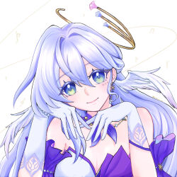 Rule 34 | 1girl, aqua eyes, bare shoulders, breasts, cleavage, colored eyelashes, commentary request, dress, gloves, hair intakes, hands up, highres, honkai: star rail, honkai (series), kishiro (kishiro aya), long hair, looking at viewer, off-shoulder dress, off shoulder, purple hair, robin (honkai: star rail), short sleeves, smile, solo, upper body, very long hair, white background, white gloves