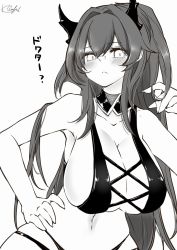 Rule 34 | 1girl, arknights, bikini, blush, breasts, cleavage, commentary, demon horns, detached collar, frown, grey background, greyscale, hair between eyes, hair ornament, hand on own hip, hand up, horns, kasagland, long hair, looking at viewer, monochrome, navel, sidelocks, signature, simple background, solo, stomach, surtr (arknights), swimsuit, translated, upper body, very long hair
