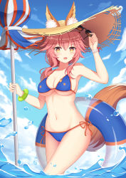 Rule 34 | 1girl, animal ears, bikini, blue bikini, breasts, day, ears through headwear, fate/grand order, fate (series), fox ears, fox tail, hat, highres, holding, holding umbrella, innertube, large breasts, long hair, looking at viewer, md5 mismatch, muq, navel, parasol, partially submerged, pink hair, resolution mismatch, side-tie bikini bottom, sky, solo, source smaller, sunglasses, sunglasses removed, swim ring, swimsuit, tail, tamamo (fate), tamamo no mae (fate/extra), tamamo no mae (swimsuit lancer) (fate), umbrella, wading, yellow eyes