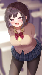 Rule 34 | 1girl, arm behind back, black pantyhose, blue skirt, blurry, blurry background, blush, bow, bowtie, braid, breasts, brown eyes, brown hair, buttons, cardigan, commentary, hair bow, highres, indoors, large breasts, leaning forward, looking at viewer, miniskirt, omochi popo, open mouth, orange cardigan, pantyhose, plaid, plaid skirt, pleated skirt, project sekai, red bow, red bowtie, school uniform, shinonome ena, shirt, short hair, skirt, solo, twitter username, yellow bow, yellow shirt