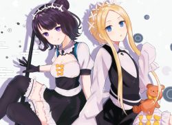 Rule 34 | 2girls, :o, abigail williams (fate), abigail williams (festival outfit) (fate), bad id, bad pixiv id, black gloves, black hair, black legwear, black skirt, blonde hair, blue eyes, bow, braid, breasts, cleavage, commentary request, dress, fate/grand order, fate (series), flat chest, frills, gloves, hair bun, highres, holding, katsushika hokusai (fate), katsushika hokusai (festival outfit) (fate), keyhole, long hair, looking at viewer, medium breasts, multiple girls, official alternate costume, orange bow, panipo2501, parted bangs, purple eyes, short hair, single hair bun, skirt, sleeves past fingers, sleeves past wrists, stuffed animal, stuffed toy, teddy bear, thighhighs, tongue, tongue out, white dress