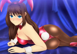 Rule 34 | 1girl, animal ears, ass, bare shoulders, bent over, blue eyes, bow, bowtie, breasts, brown hair, detached collar, embarrassed, fake animal ears, frown, hair down, high heels, large breasts, long hair, looking at viewer, lying, on stomach, pantyhose, playboy bunny, rabbit ears, rabbit tail, tail, wide hips, wrist cuffs, yadokari genpachirou