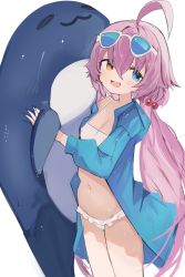 Rule 34 | 1girl, :3, bikini, blue archive, blue eyes, blue jacket, commentary, eyewear on head, fang, frilled bikini, frills, heterochromia, highres, hoshino (blue archive), hoshino (swimsuit) (blue archive), inflatable toy, inflatable whale, jacket, low twintails, midriff, mikozin, navel, open mouth, pink hair, solo, swimsuit, symbol-only commentary, twintails, white bikini, yellow eyes