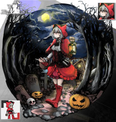 Rule 34 | 1girl, absurdres, arknights, dagger, full moon, highres, jack-o&#039;-lantern, knife, lantern, little red riding hood, little red riding hood (grimm), moon, multiple views, night, projekt red (arknights), red footwear, red hood, solo focus, tombstone, tree, vyragami, weapon, white hair, withered