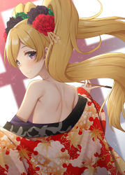 Rule 34 | 1girl, bare shoulders, binsen, black flower, blonde hair, blush, closed mouth, commentary request, emily stewart, flower, from behind, hair flower, hair ornament, highres, holding, holding smoking pipe, idolmaster, idolmaster million live!, japanese clothes, kimono, kiseru, leaf print, long hair, looking at viewer, looking back, off shoulder, open clothes, open kimono, parted bangs, print kimono, purple eyes, red flower, red kimono, smile, smoking pipe, solo, twintails, very long hair