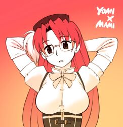 Rule 34 | 1girl, arms behind head, azumanga daiou, beret, bow, bowtie, breasts, character name, commentary, corset, cosplay, detached sleeves, glasses, gloamy, gradient background, gradient hair, hat, head tilt, long hair, looking afar, mahou shoujo madoka magica, medium breasts, mizuhara koyomi, multicolored hair, orange background, parted lips, puffy sleeves, red background, red hair, rimless eyewear, simple background, solo, tomoe mami, tomoe mami (cosplay), upper body