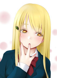 Rule 34 | 1girl, :o, absurdres, blonde hair, blue jacket, blush, bow, bowtie, finger to mouth, hair ornament, hairclip, head tilt, hidaka koharu, high score girl, highres, jacket, kozue akari, long hair, long sleeves, looking to the side, parted lips, pink background, red bow, red bowtie, school uniform, solo, upper body, yellow eyes